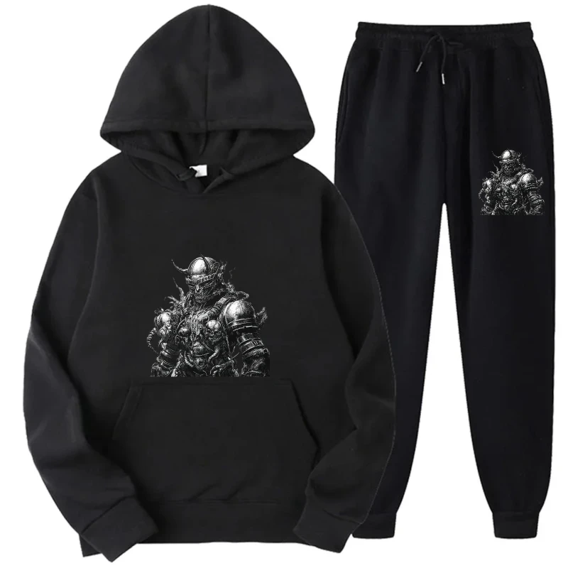 طقم هوديي سويت شيرت وسروال أسود مطبوع ثنائي القطب، ملابس كاجوال مريحة للرجال والنساء، أزياء الشارع