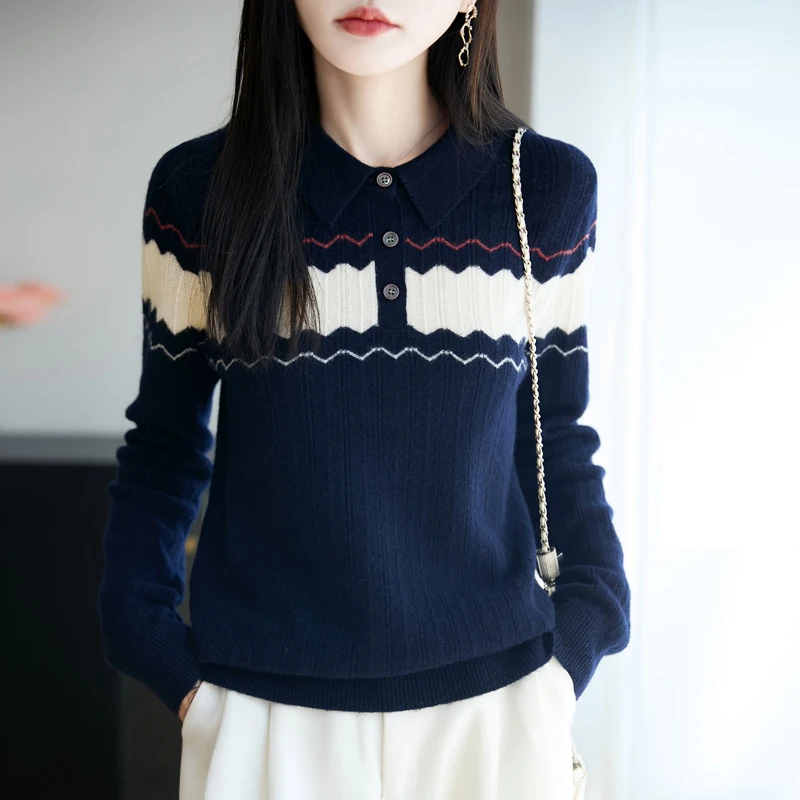 BELIARST 100% zuivere wol preppy stijl contrasterende kleur gebreide damespolokraag trui voor herfst en winter nieuw shirt