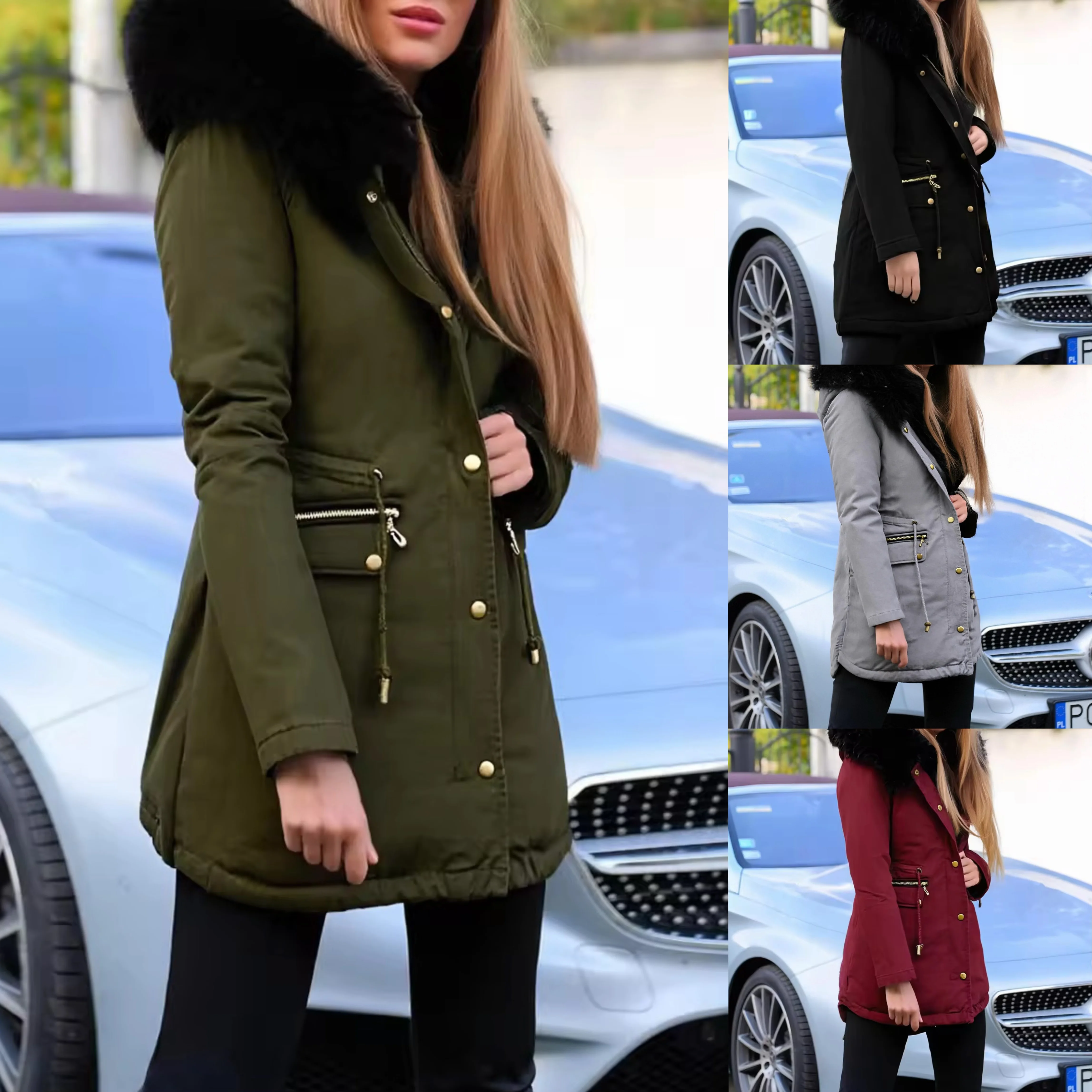 

Women Autumn Coat Long Sleeve Fluffy Hood Fall Button Down Long Coats Casual Fleece Linning Warm Thermal Jackets Pockets Black