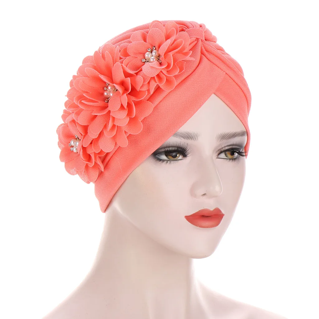 Women Flowers Ruffle Turban Caps Muslim Elastic Pearls Headscarf Bonnet Ladies Hair Accessories Indian Cap Turbante Mujer