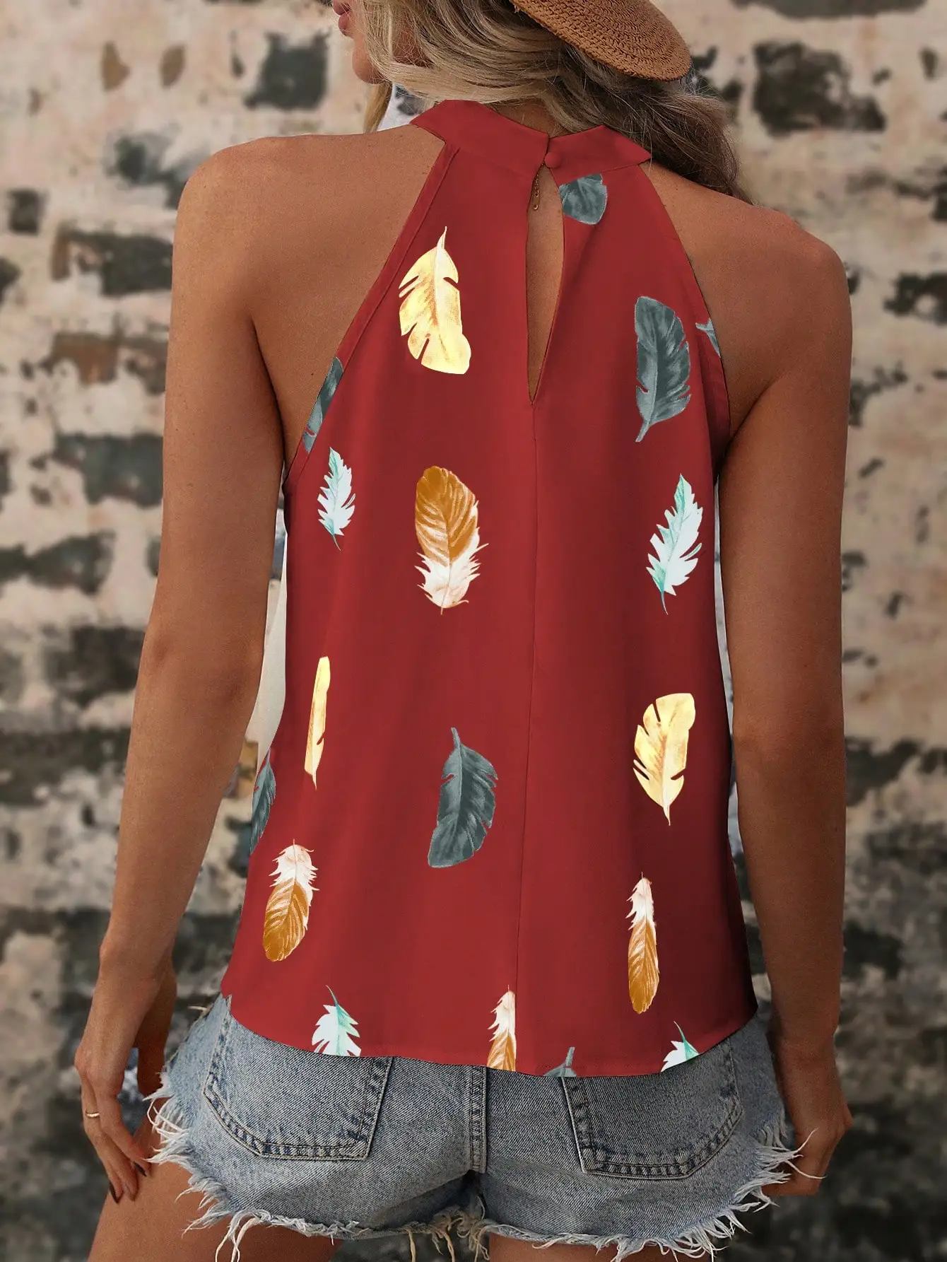 Women Red Feather Print Halter Sleeveless Tank Top, Hollow‑Out Back Loose Summer Vacation Cami Blouse