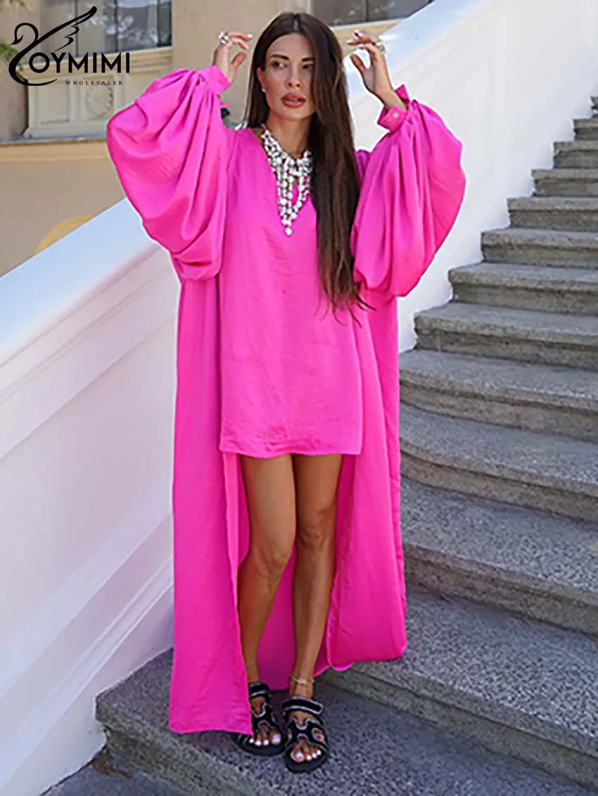 Oymimi Elegant Dark Pink Loose Womens 2 Piece Outfit Set Casual Puff Sleeve Solid Ankle-Length Robe And V-Neck Simple Tops Sets