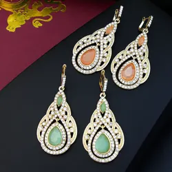 Sunspicems Gold Color Turkey Water Drop Earring For Women Arabic Bride Wedding Jewelry Algeria Full Crystal Muslim Earring Set