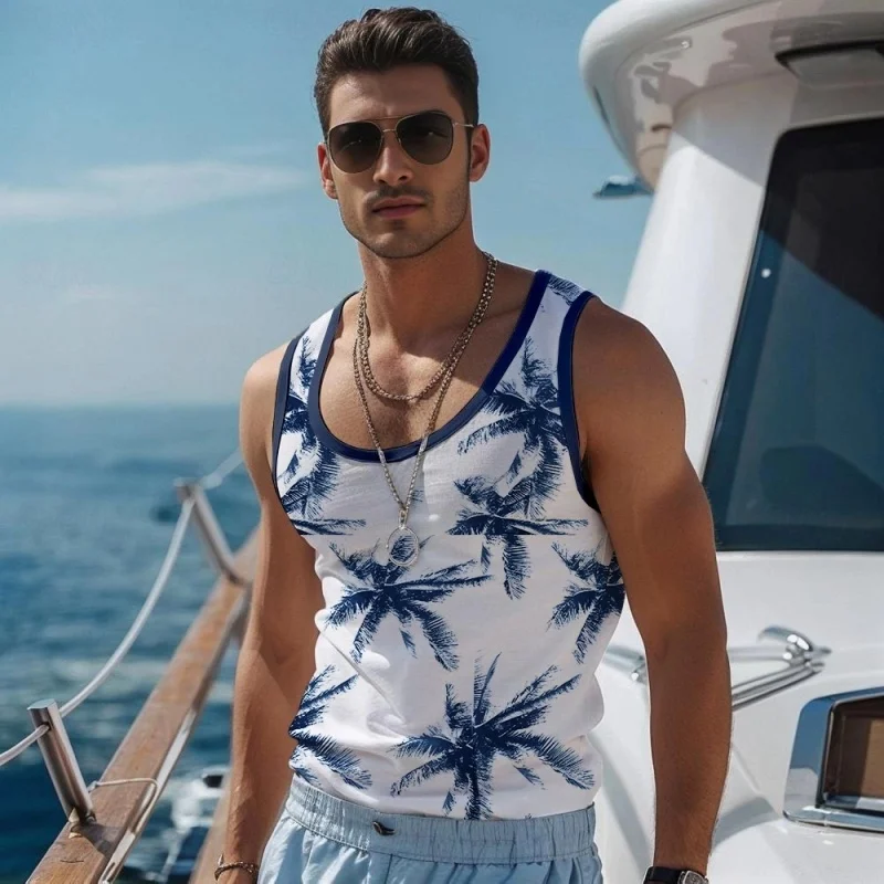 Coconut Tree Pattern Tank Tops For Men Colorful Plants 3D Printed Tops Summer Casual Loose Sports Round Neck Vest Street Tees