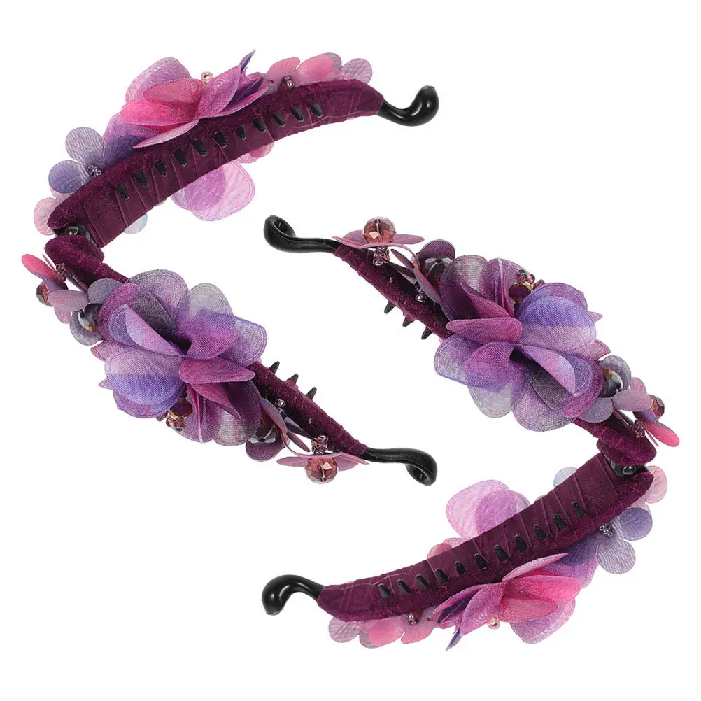

2Pcs Purple Red Flower Fabric Banana Hair Clips Secure Ponytail Holder Stylish Hair Claw Beaded Accessories Women