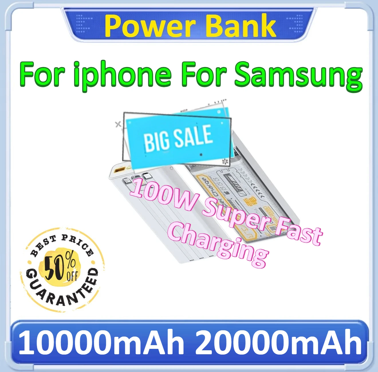 

10000mAh 20000mAh Power Bank For iphone For Samsung Transparent Mecha Wind Mobile Built-in Cable 100W Super Fast Charging