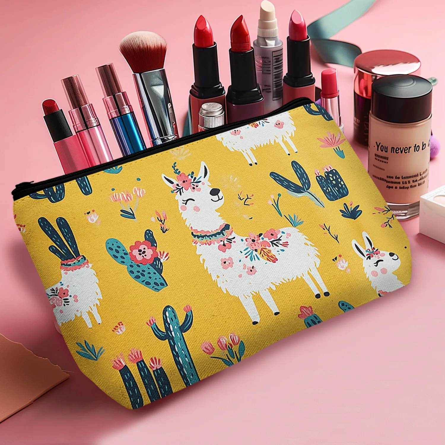 1 Pc Cosmetic Bags For Women Small Lovely Llama And Cacti Makeup Bag For Purse Toiletry Bag Accessories Organizer 8.66x5.51Inch