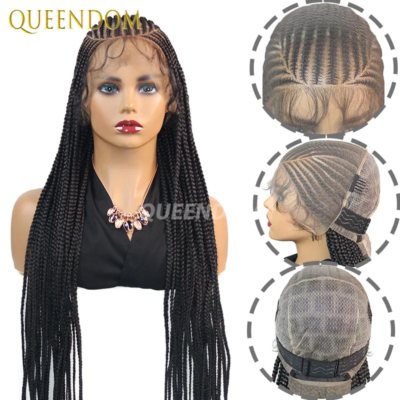 Wig Kepang Renda Penuh 36 Inci Wig Kepang Kotak Cornrow Sintetis untuk Wanita Kulit Hitam Wig Kepang Kotak Jumbo Kepang Suku Rambut Palsu