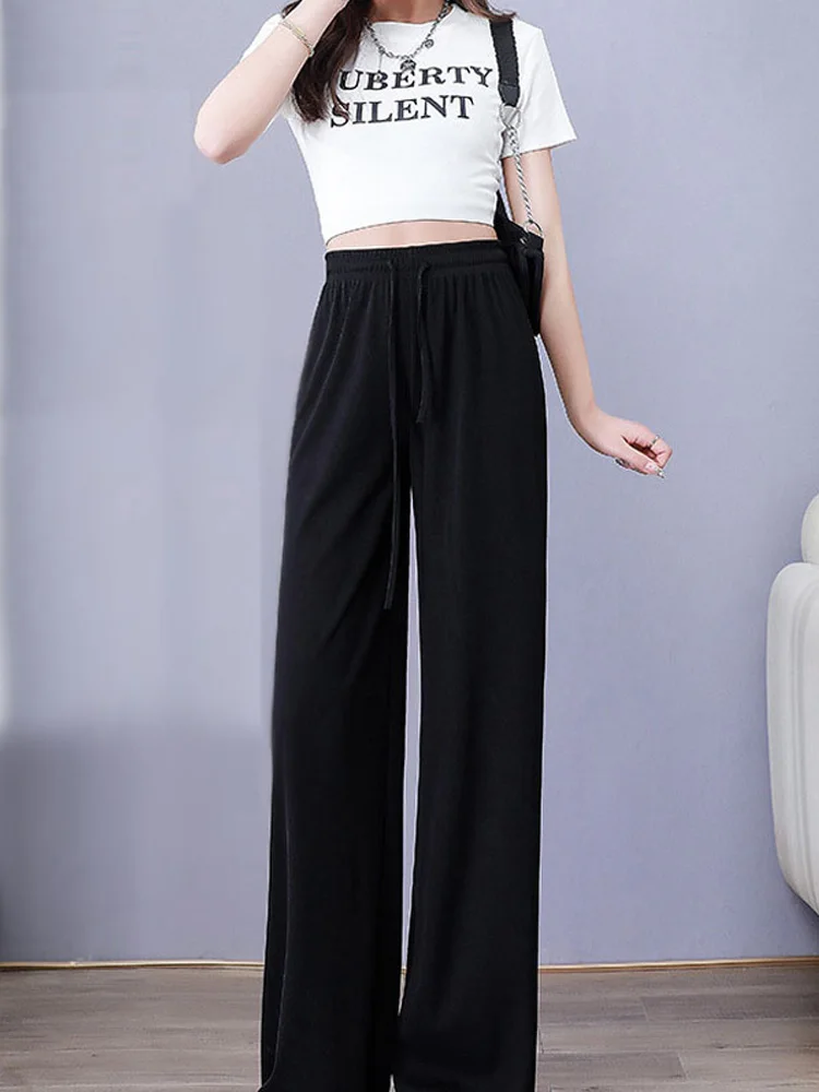 Women Pants Spring Summer Ice Silk Wide Leg Pants High Waist Loose Straight Casual Pant Female Outdoor Black Trousers