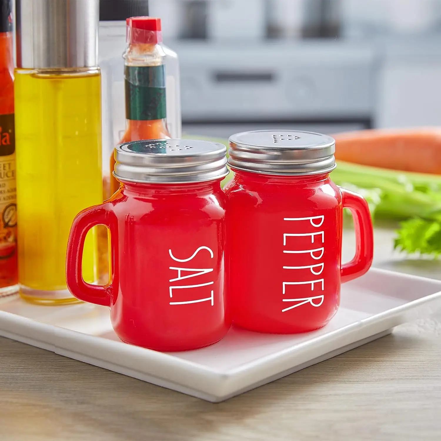 Red Salt and Pepper Shakers Set Cute Modern Glass Christmas Red Shaker Sets with Stainless Steel Lids Red Kitchen Accessories