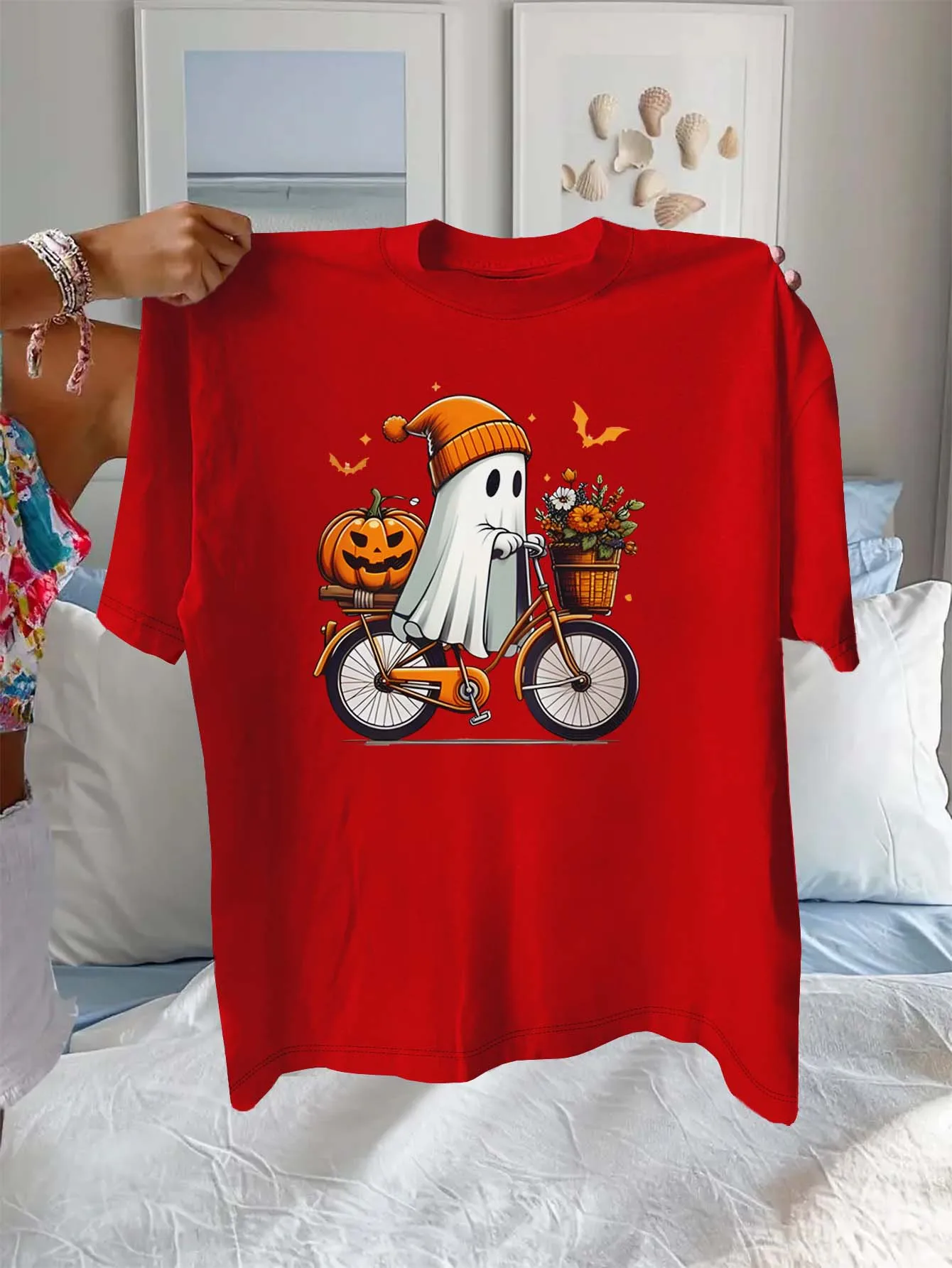 

Plus Size Cute Ghost Riding Bike With Pumpkin And Flowers Themed Fashion Wear