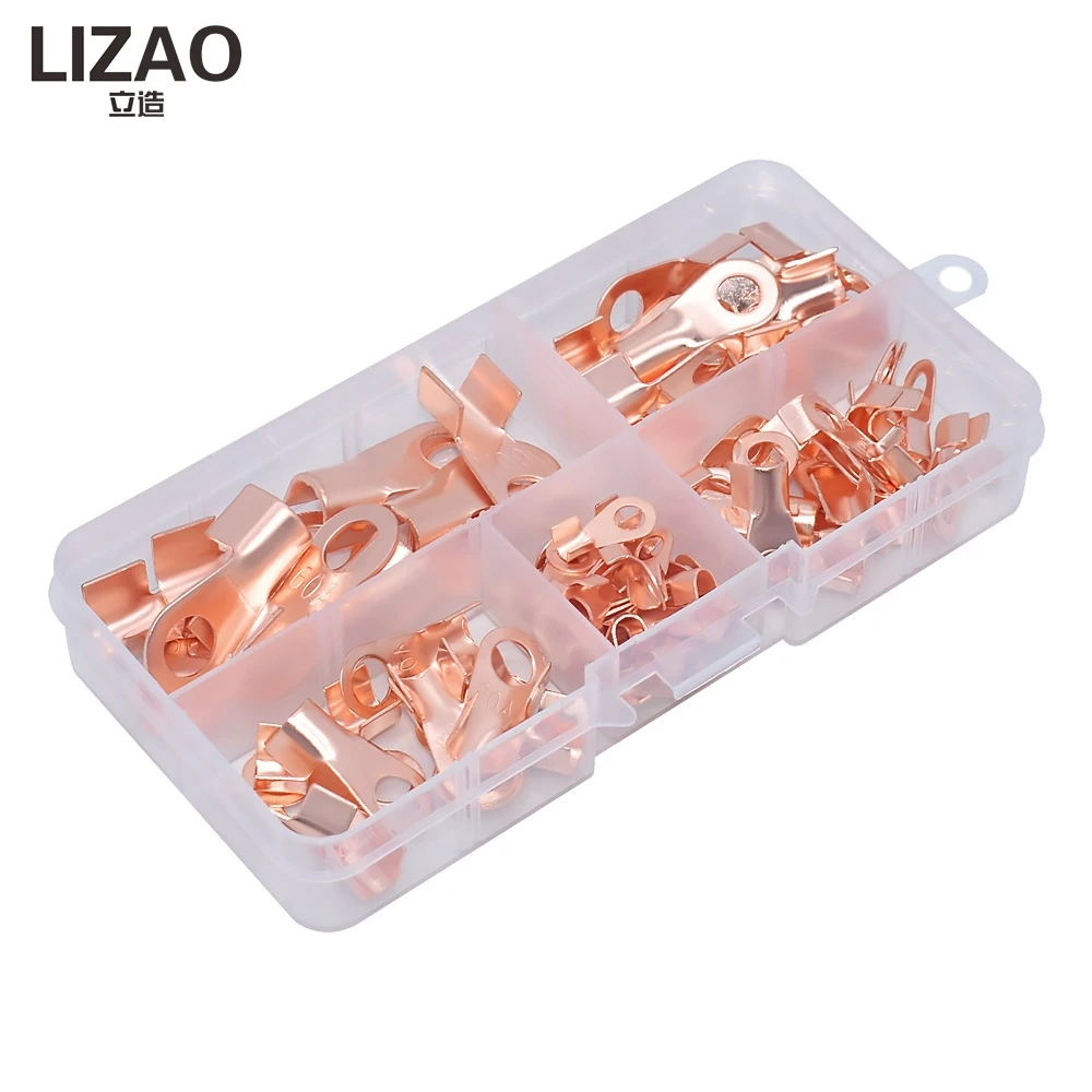 LIZAO 80Pcs Copper OT Open Nose Terminal Assortment Kit Wire Ear Copper Lug Set for Electrical Wiring Cable Connection
