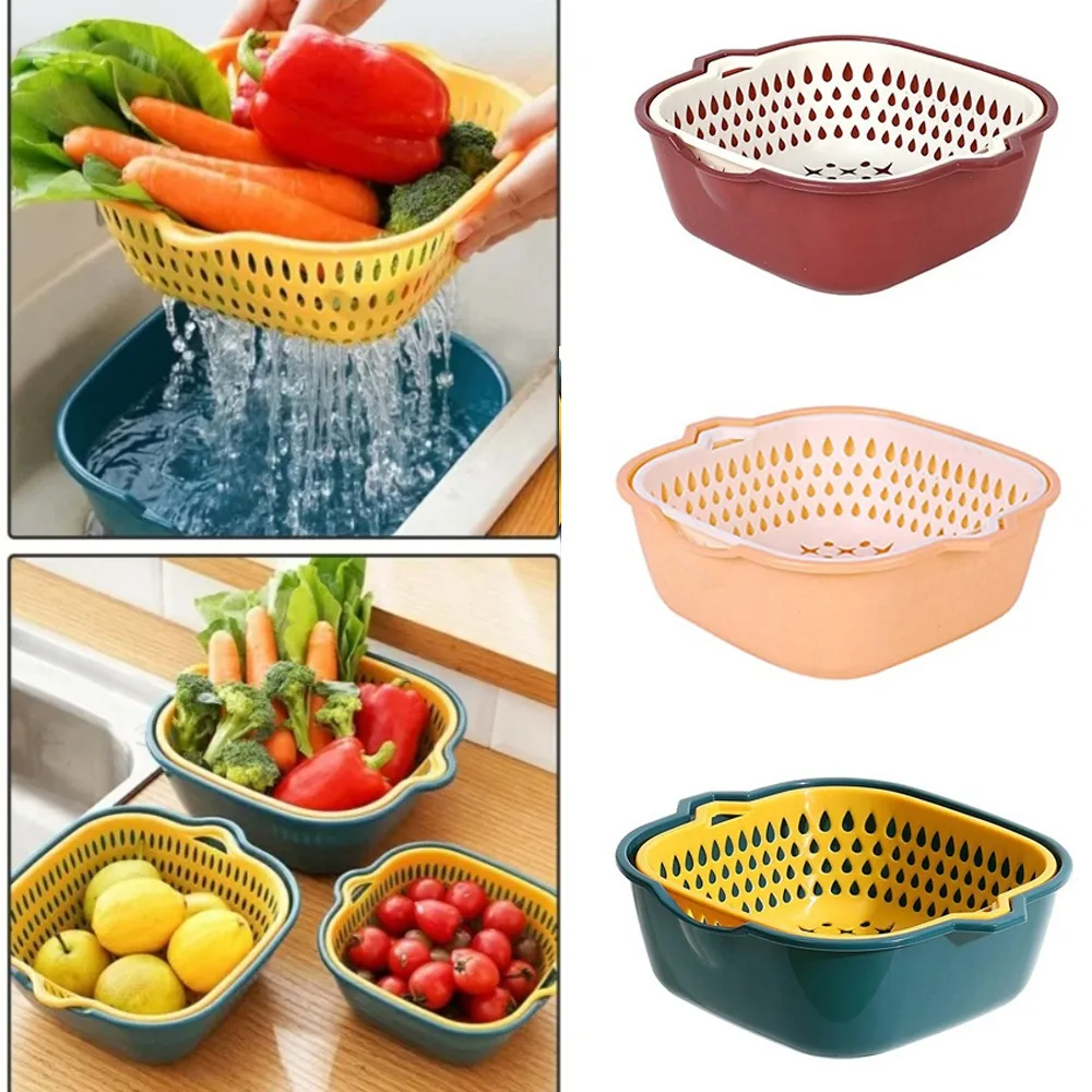 2pcs/Set Double Layer Drain Basket Kitchen Fruit Tray Multifunctional Fruit Vegetable Basin Draining Household Washing Tools