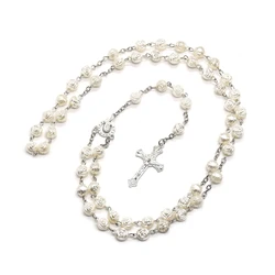 White Plastic Rose Beads Rosary Necklace Long Christ Cross Pendant Religious Jewelry