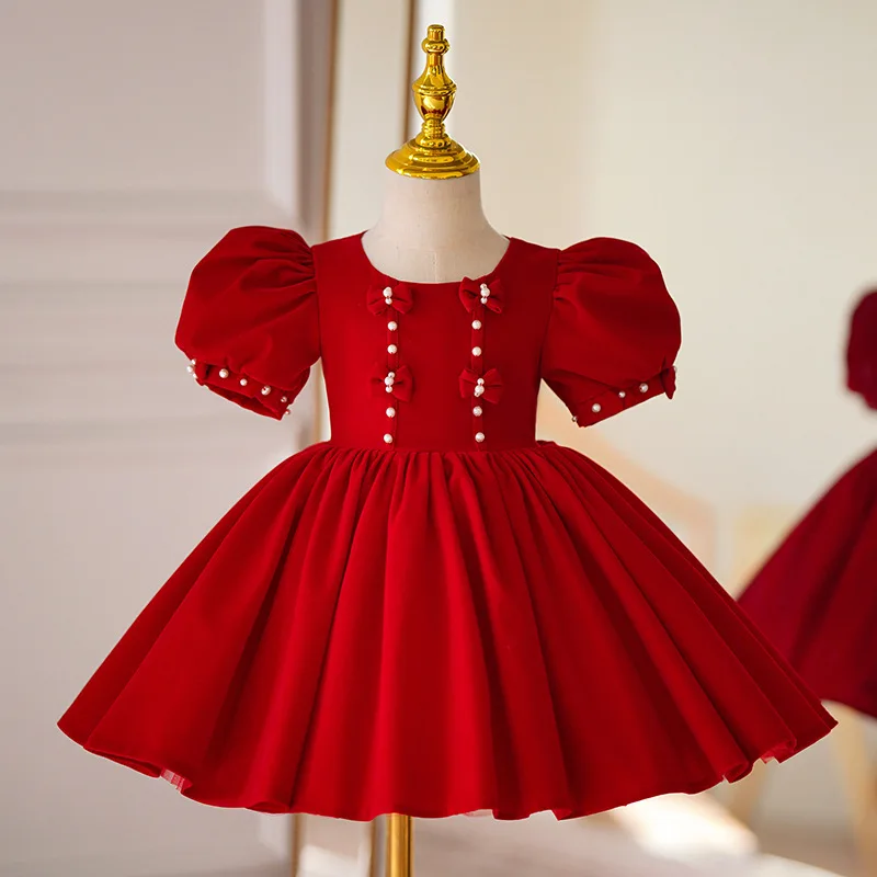 2024 Red Solid Bow Noble Baby Girl Evening Dress Pearl Party Dresses for Girls Sweet Round Neck Girly Clothes Pageant Costumes ﻿