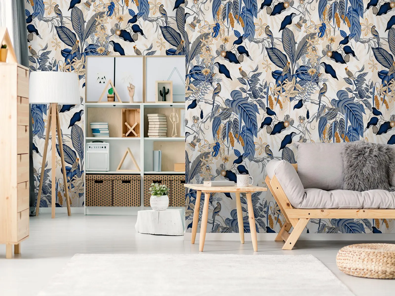 Floral Wallpaper with Blue and Yellow Leaves and Birds, Floral Wall Mural, Restore Tropical wallpaper