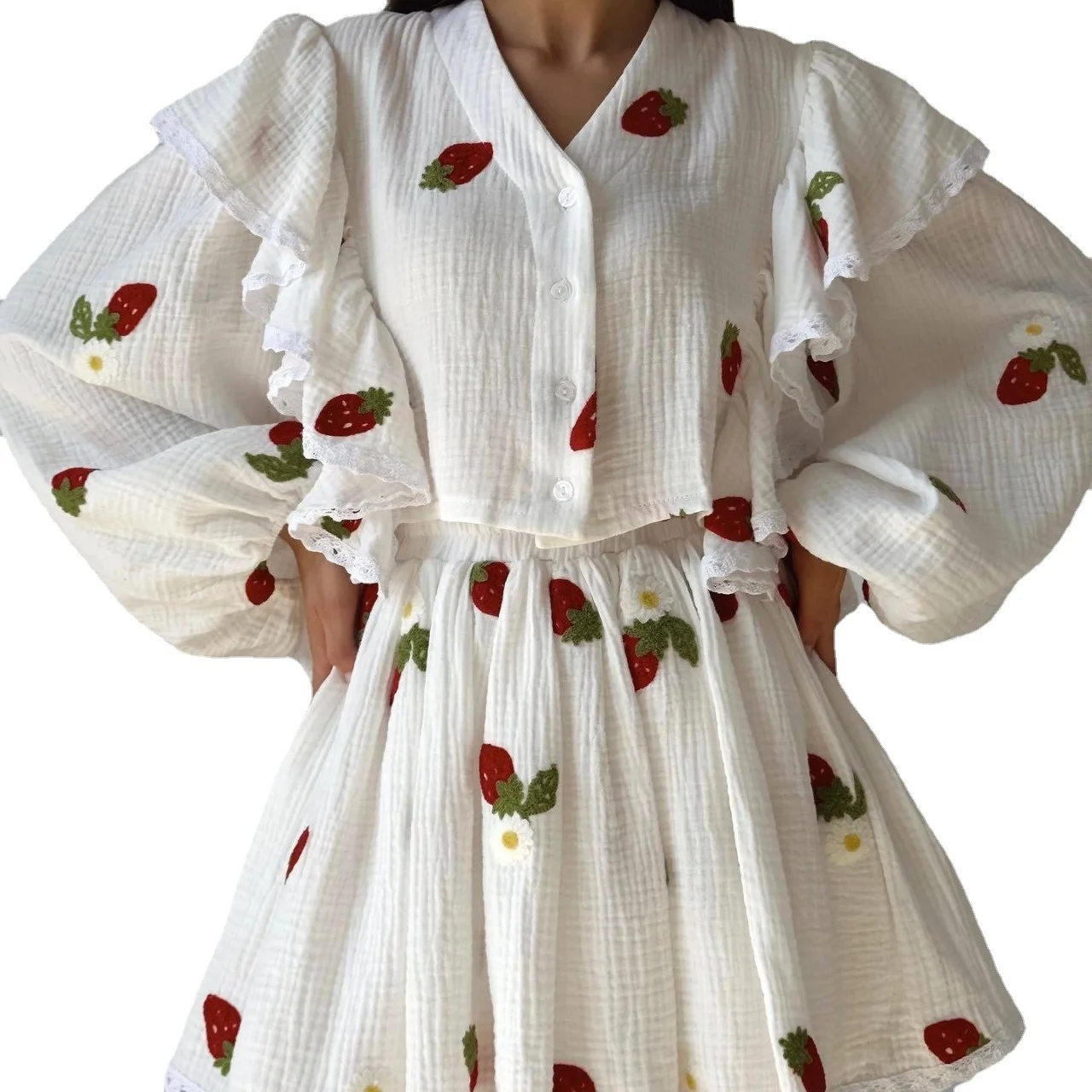 High Quality Fashionable Cotton Linen Style with Ruffled Edges and Strawberry Print Top Short Skirt Set Home Clothing New Women