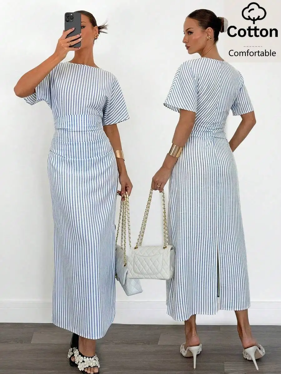 Womens Blue And White Striped Cotton Blend Maxi Dress Short Sleeve Cinched Waist Summer Casual