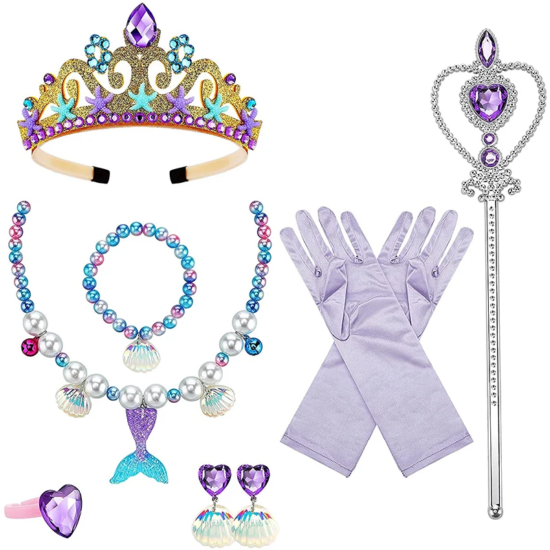 Kid Princess Party Dress Up Accessory Mermaid Tail Necklace Crown Earrings Ring Gloves Magic Wand for Girl Birthday Costume