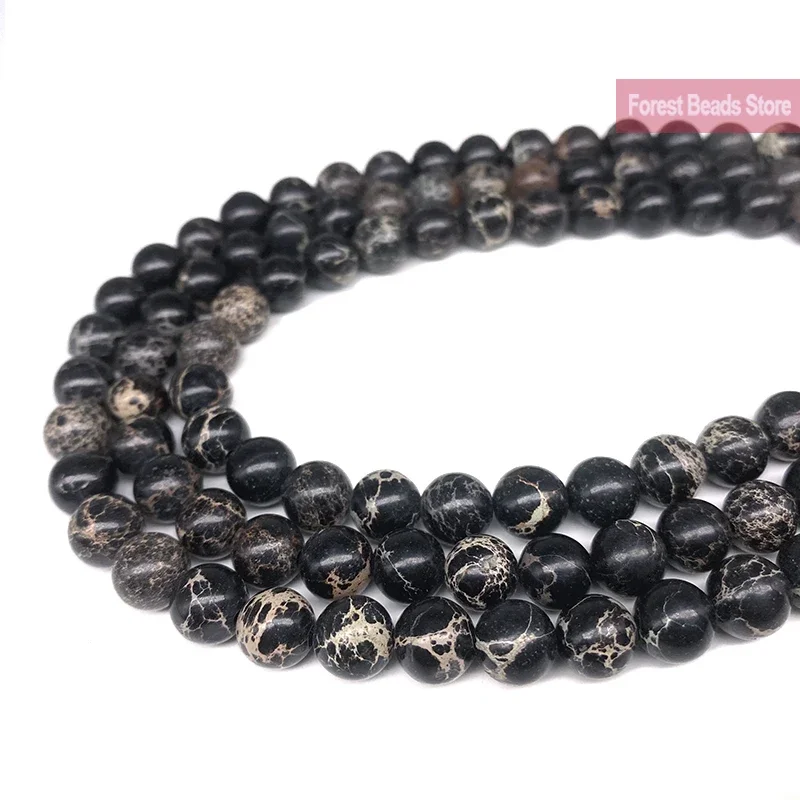 Natural Black Imperial Jaspers Sea Sediment Turquoise Round Beads Diy Bracelet Necklace for Jewelry Making 15