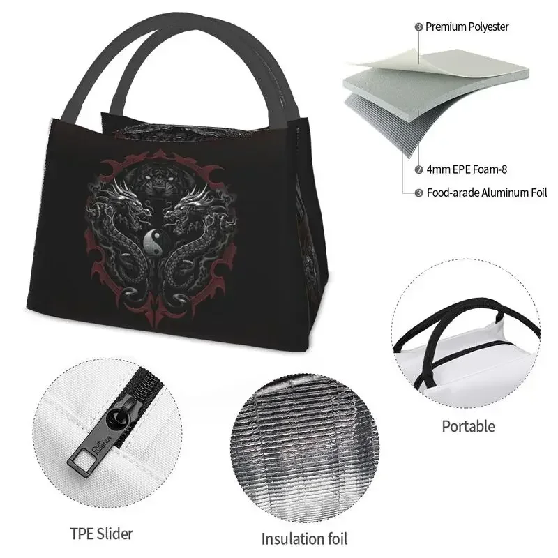 Dragon And Tiger Tattoo scatole da pranzo portatili Yin Yang Symbol Cooler Thermal Food Insulated Lunch Bag Travel Work Pinic Container