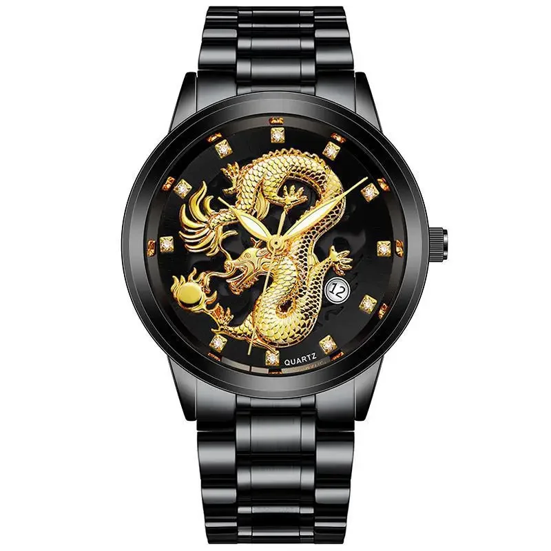 

Fashion Mens Watches Embossed Gold Dragon Day Date Watch for Men Luxury Waterproof Male Clock Stainless Steel Quartz Wristwatch