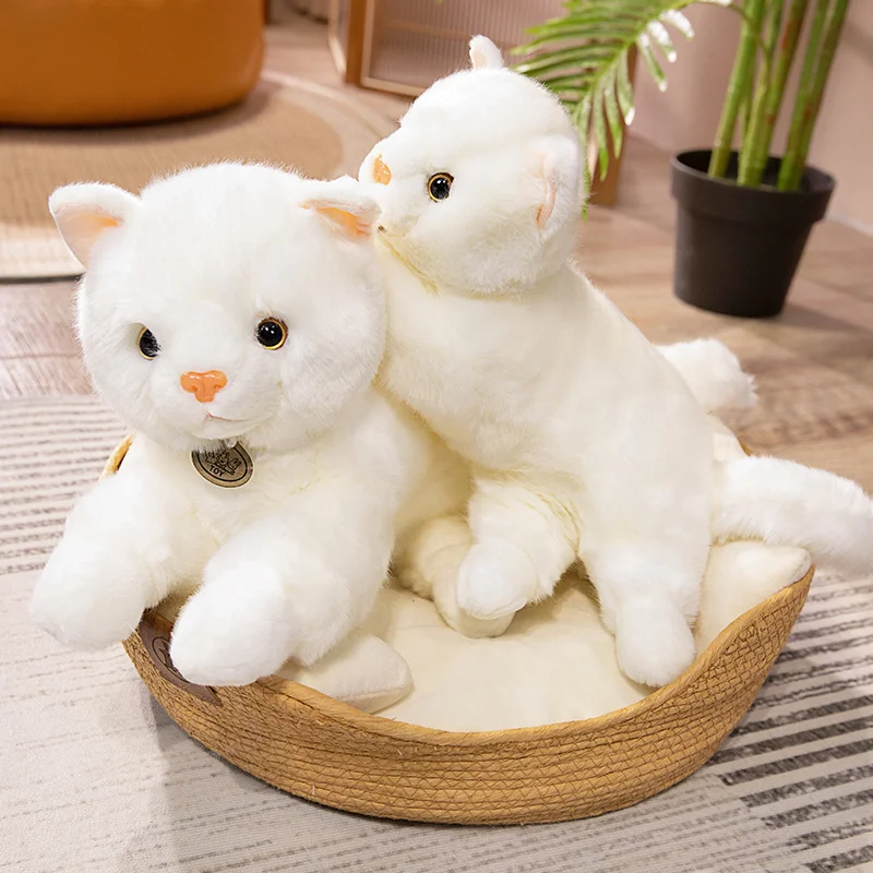 Kawaii Simulation White Lying Cat Plush Pillow Toy New Stuffed Animals Peluche Pet Dolls Realistic Birthday Gift