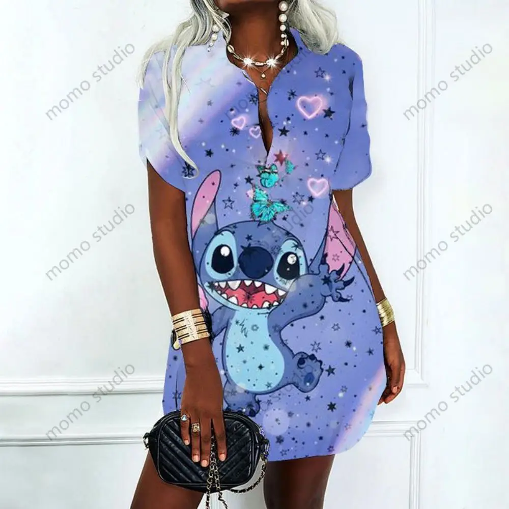 Lilo & Stitch Polo Shirts Fashion Disney Elegant Party Dresses for Women 2023 V Neck New Sexy Y2k Mini Dress Summer Album Summer