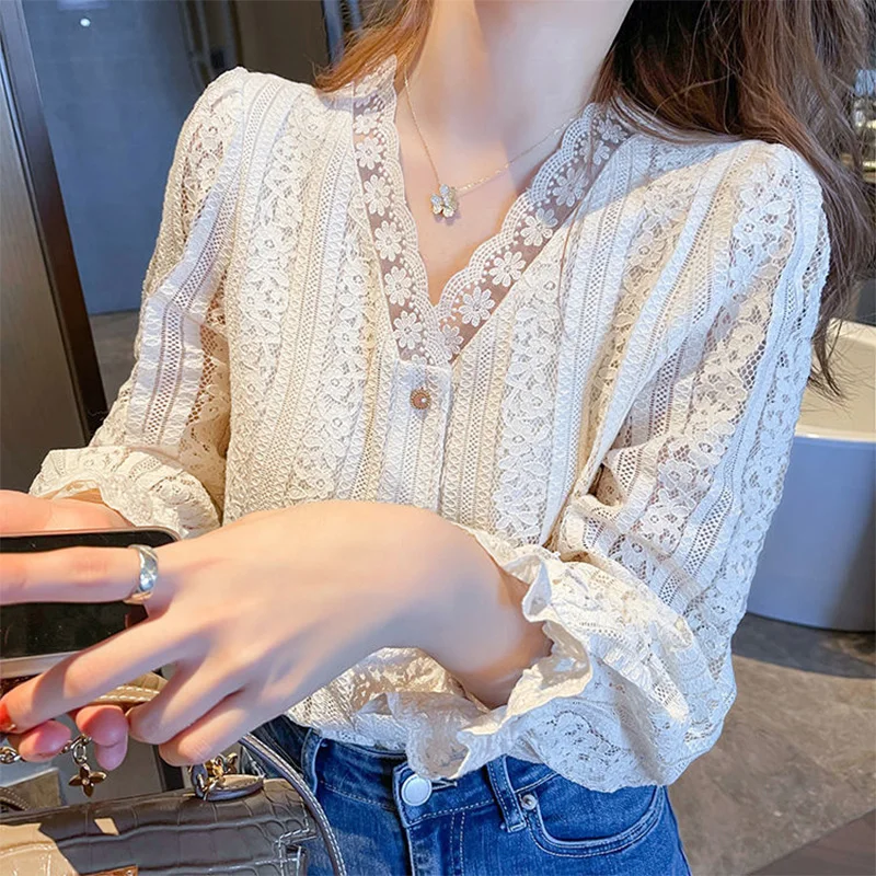 Spring Autumn Korean Style Elegant Fashion Solid V-neck Lace Shirt Top Women Long Sleeve All-match Buttons Blouse Femme Cardigan