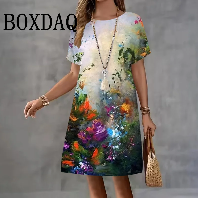 Vintage Tie Dye Floral Oil Painting Dresses Women Casual Print Loose Short Sleeve Dress Sundress Retro Streetwear Summer Dresses