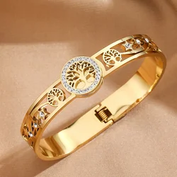 Stainless Steel Tree Of Life Bracelets For Women Luxury Designer Bangles Zircon Inlaid Jewelry Wrist Accessory Anniversary Gift