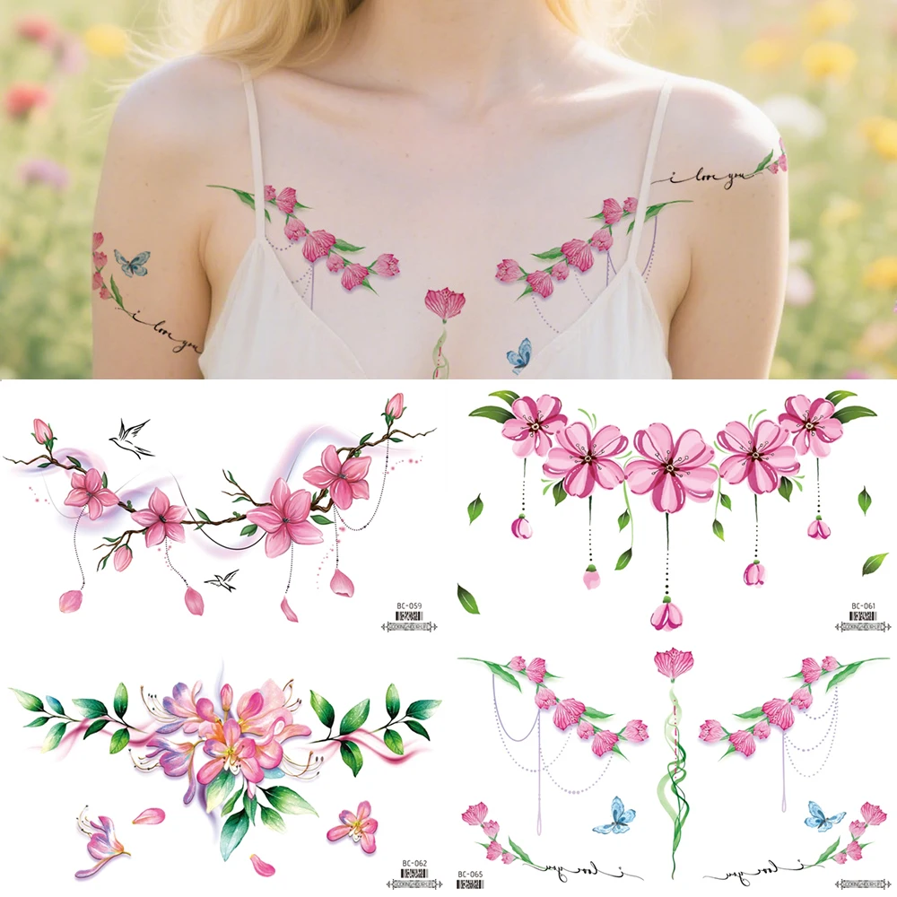 4 عبوات كبيرة من الوشم المؤقت المثير للنساء |   فن الجسم المزيف Underboob والظهر السفلي |   زهر الكرز الوردي زهرة اللوتس روز ديس