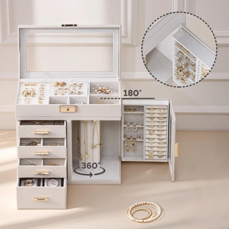Leather Jewelry Box Large Ring Earrings Necklace Case Divided Compartment Box Jewelry Accessories Drawer Organizer with Lock