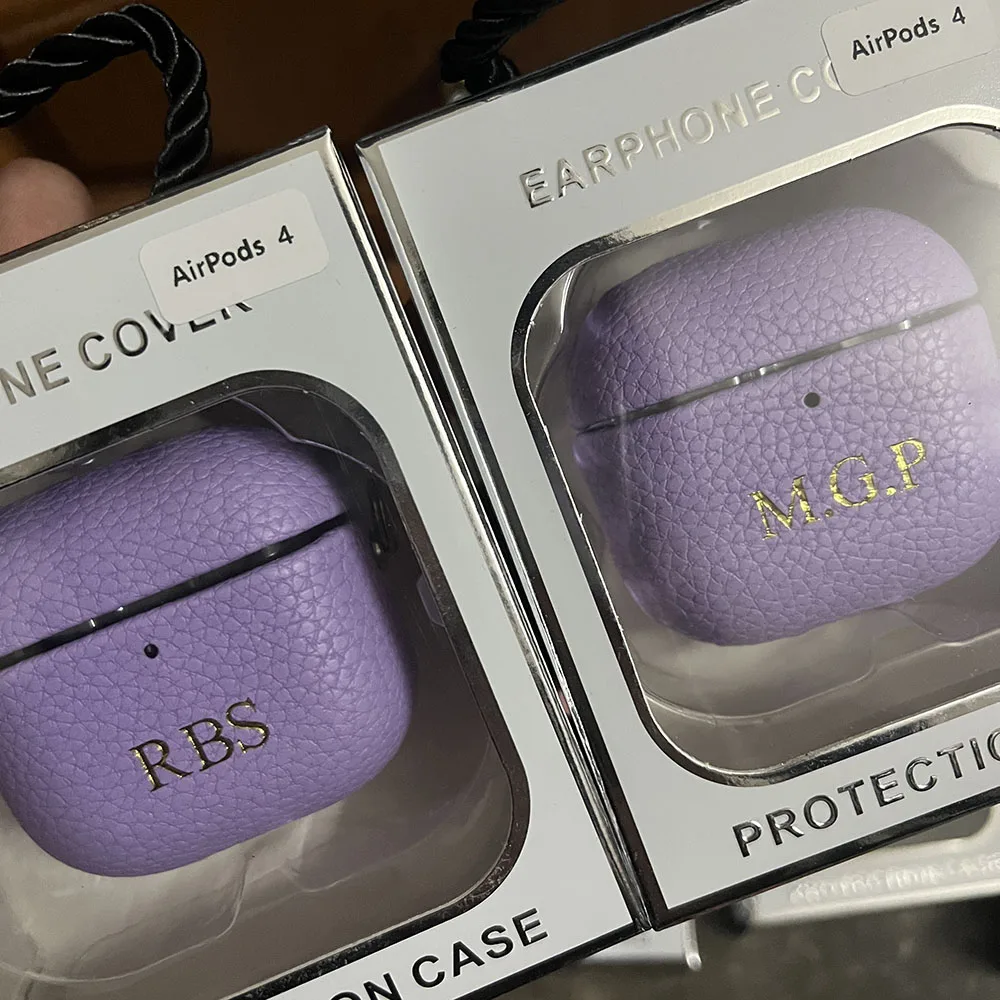 Personalized Initials Letters Customize Earphone DIY Case For Airpods 1 2 3 4 Pro 2 Luxury Lychee Skin Pattern With Keychain