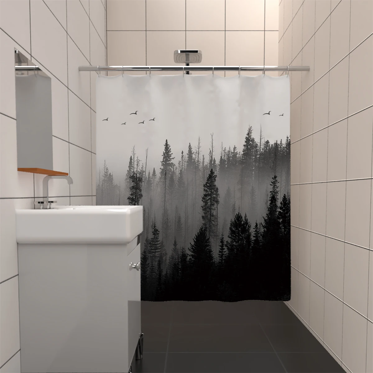 1PC180x180cm Misty Forest Landscape Shower Curtain with Hook, Partition Waterproof and Anti Mold Decorative Bathroom