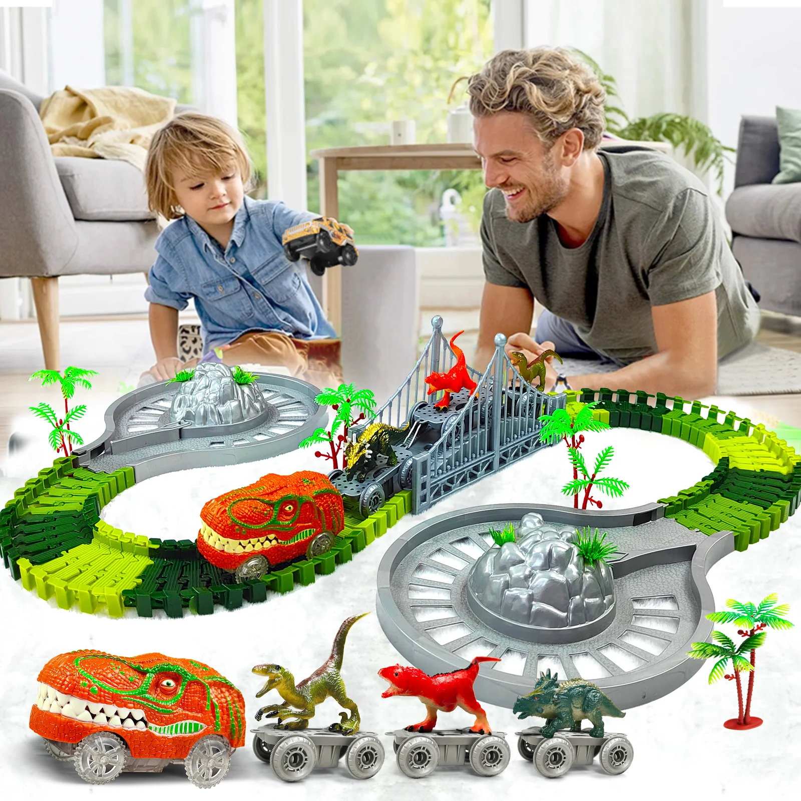 Dinosaur Turntable Track Toys World Road Race Car Set Flexible Track Train with light&music for 3+Year Up Old boy Girls Gift