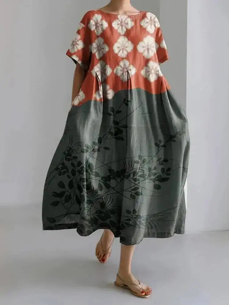 2025년 신상 여성 라운드 넥 롱 캐주얼 드레스 여름 대형 사이즈 신선한 물고기 프린트 드레스 스트리트 휴가 반소매 드레스 T4B7