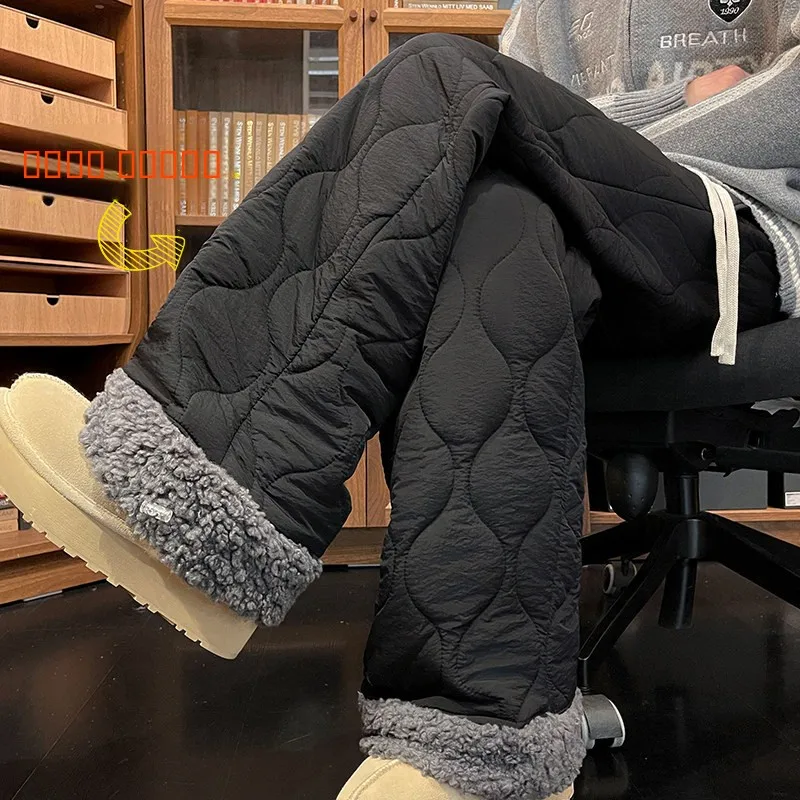 Men's Winter Cotton Trousers with Fleece  And Quilted Design Lamb Fur Warm Ski Pants Straight Leg Long Leisure Youthful view 4
