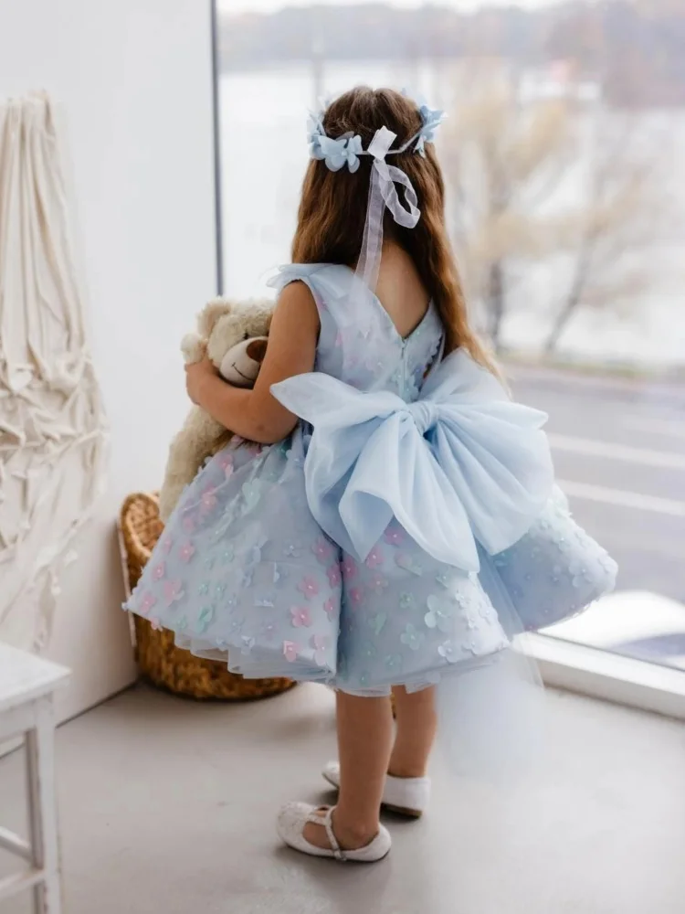 Custom Flower Girl Dress 3D Floral Girl Tutu Dress Lace Sleeveless V Back Big Bow for Birthday Wedding Pageant Portrait Shooting