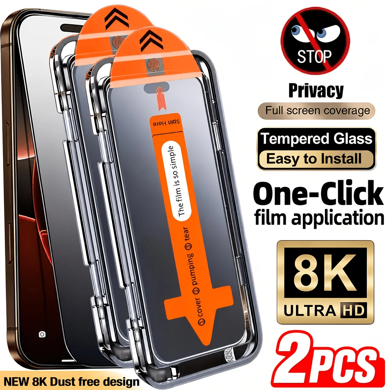 2pcs 9H Anti-Spy Privacy Tempered Glass for Iphone 18 Pro Max/17 Pro Max/16/15/14/13/12/11 - Auto Alignment Installation Frame