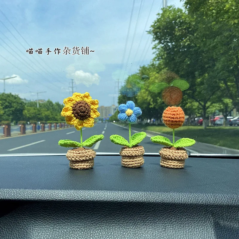 1pc DIY Handwoven Mini Potted Flower Rose Office Desktop Ornamental Potted Plants Woolen Thread Finished Product Home Decoration