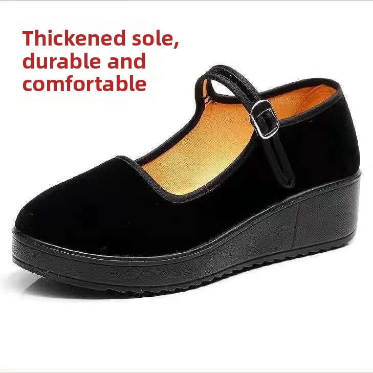 Beijing Ladies Thick Heel Cloth Shoes Classic Black Work Shoes Hotel Uniform Shoes Comfortable Traditional Chinese Flat Sandals