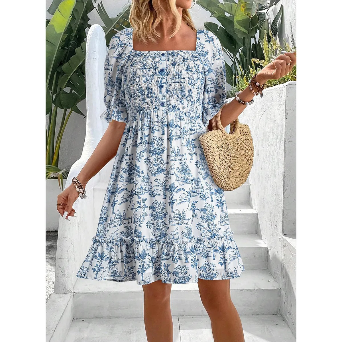 Women's Summer Dress Floral Print Puff Sleeve High Waist Backless Casual Vacation Dresses
