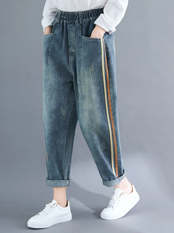 

Large Size Artistic Faded Denim Jeans Women's High Waist Harlan Long Pants Spring Faion Side Stripe Slimming Effect