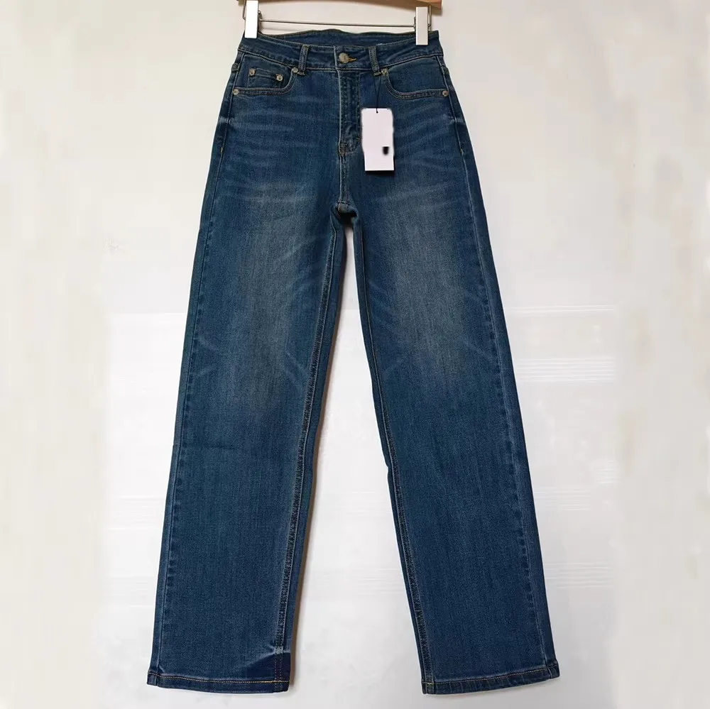 

High Waist Slim Fit High Elasticity Washed Cotton Straight Leg Jeans for Women Spring Autumn Season Ladies Fashion