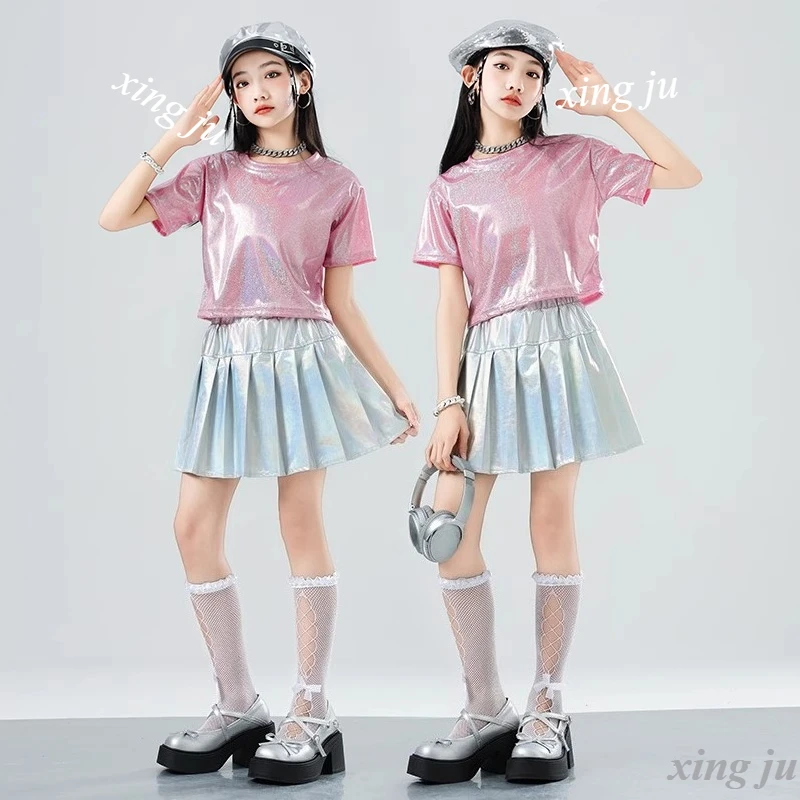 Conjuntos de Hip Hop para niñas, Top corto rosa brillante para baile callejero, Falda plisada plateada, ropa de calle para niños, disfraz de Jazz, ropa para espectáculo en escenario
