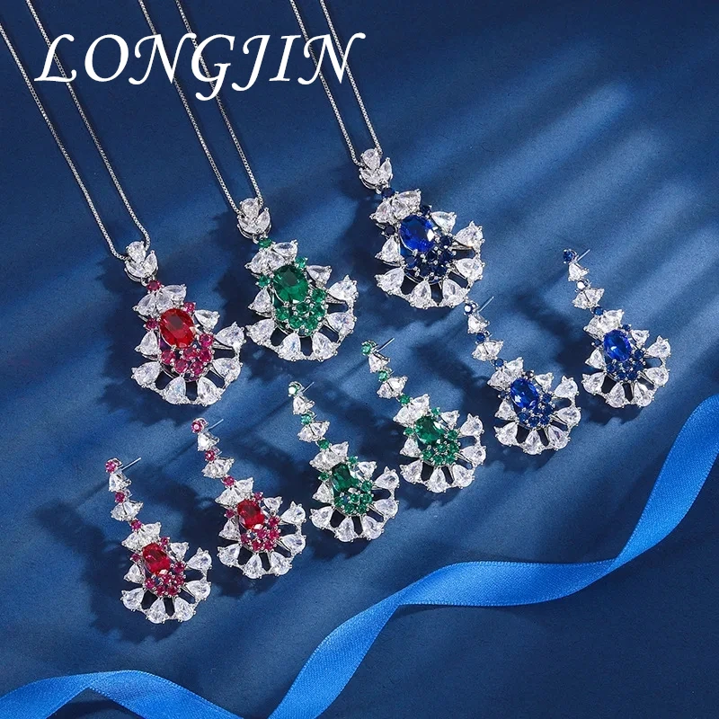 2024 New Emerald Crystal Flower Maple Leaf Water Droplet Luxury Pendant Necklace Long Dangle Earrings Women Jewelry Charms Gift