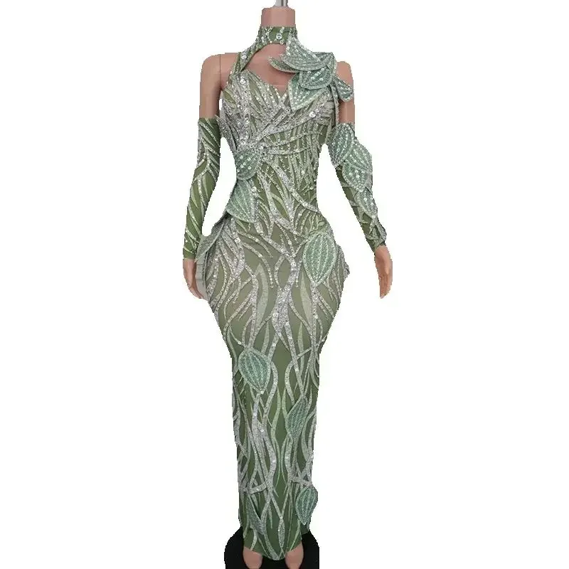 Nightclub Ds Dj Gogo Costume Green Leaf Rhinestones Evening Dress Women Catwalk Festival Outfit Stage Party Dresses