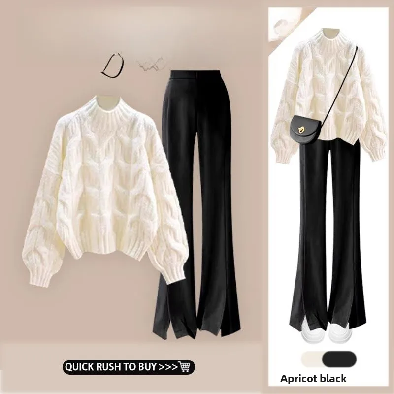 

Autumn Winter Knitted ort Sweater Jaet And Wide Leg Pants Women's Faion Casual Two Piece Set Anti Aging Sling