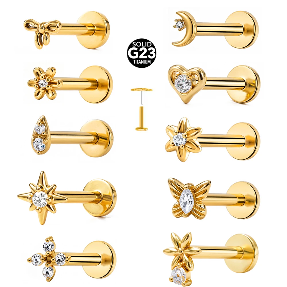 1 Stück G23 Titan Blumen-Piercing Flache Rückseite Ohrringe Push-In Labret Stud Stern Mond Helix Tragus Knorpel Körperschmuck